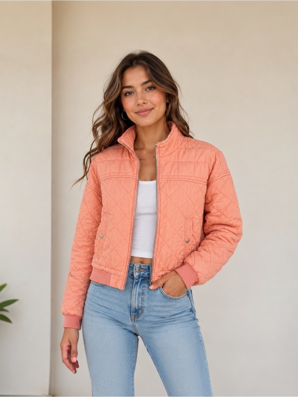 BLANKNYC Quilted Bomber Jacket Salmon/Orange/Pink  Lyocell Cropped Zip Up Small